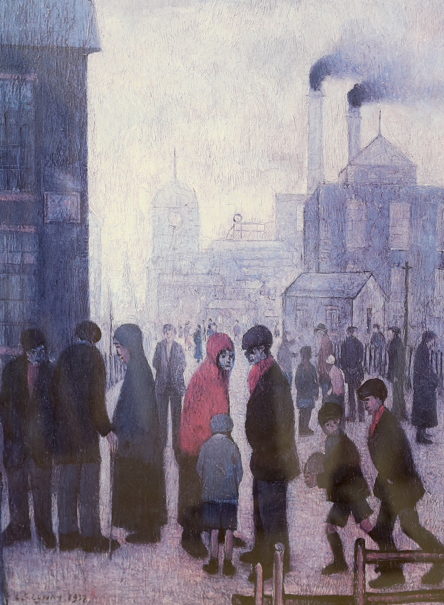 After Laurence Stephen Lowry, two prints, Salford Street scene and Children’s Playground, largest 45 x 59.5cm